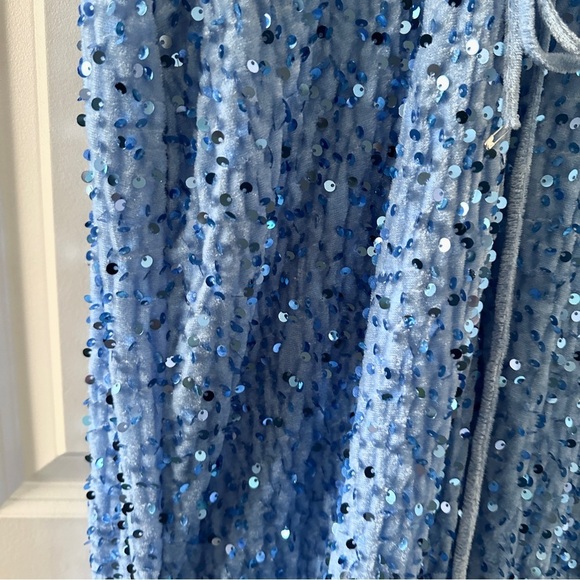 Miss Veil Pastel Blue Sequin Formal Maxi Dress Size Medium Sweetheart Leg Slit - Picture 15 of 16